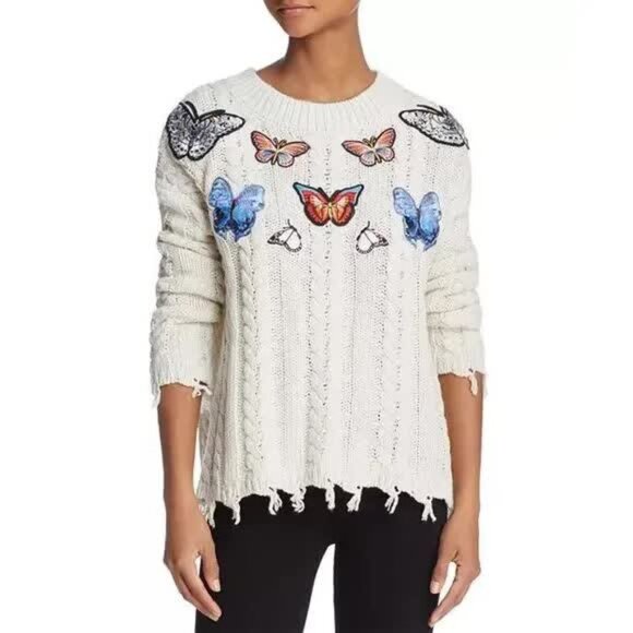Sunset & Spring Bloomingdales Butterfly Appliqué Fringe Cable Knit Boxy Sweater - Picture 14 of 16